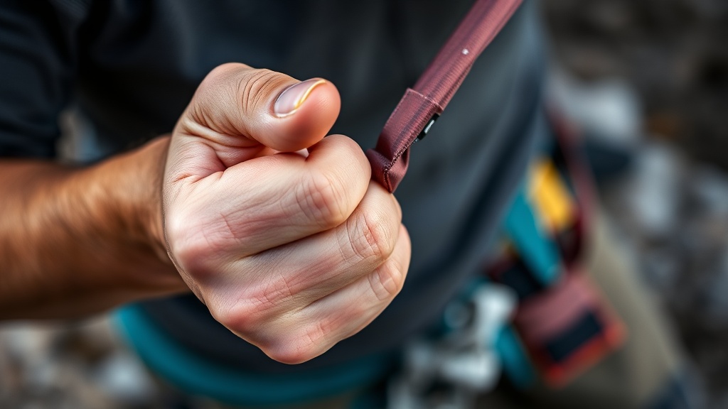 등반 전 고무줄이나 핑거 보드를 활용해 손가락 근육을 예열하는 모습