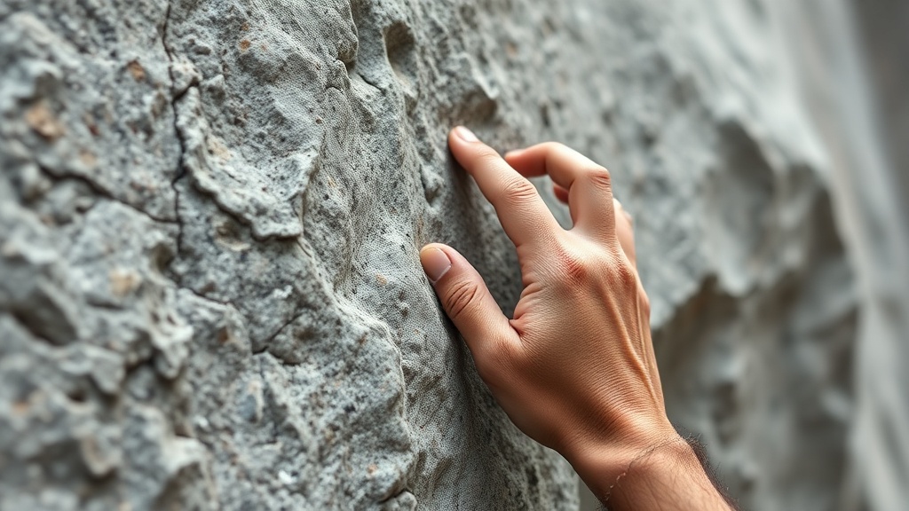 경사가 완만한 슬로퍼 홀드를 오픈 핸드 그립으로 잡고 마찰력을 극대화하는 클라이머의 손 모습