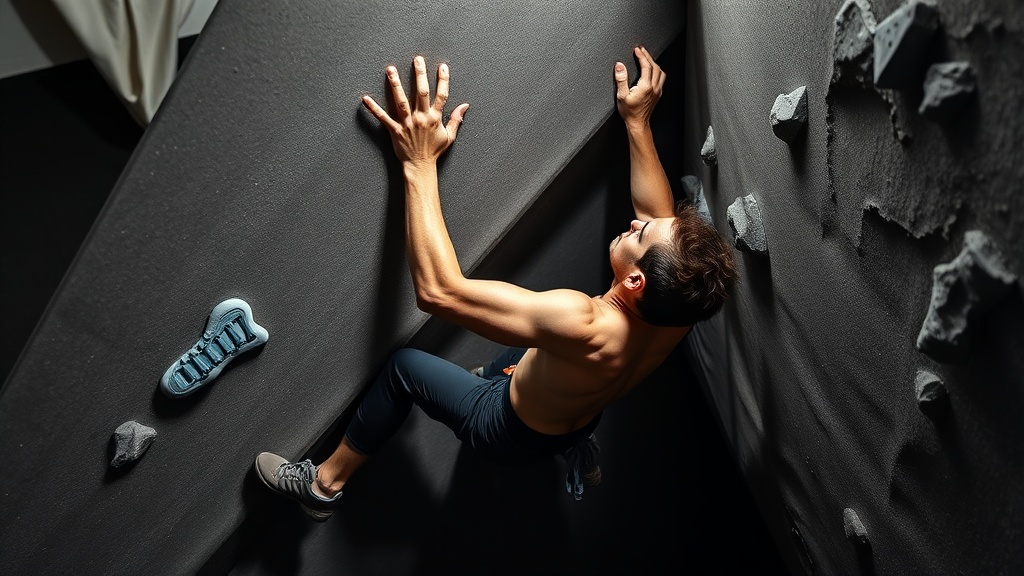 클라이머가 네거티브 경사를 가진 슬로퍼 홀드를 손바닥 전체의 마찰력을 이용해 제어하는 장면